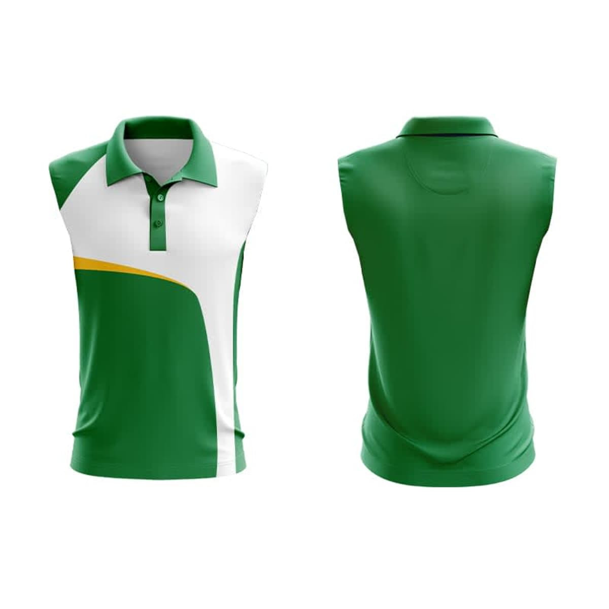 A sleeveless polo shirt in green with white and yellow accents, featuring a logo on the front.