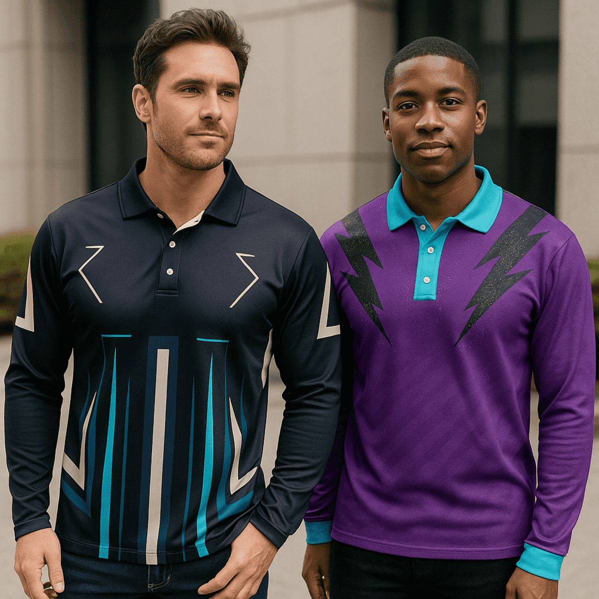 A long sleeve polo shirt in navy blue with teal accents and another in purple with turquoise detailing, both featuring logos.