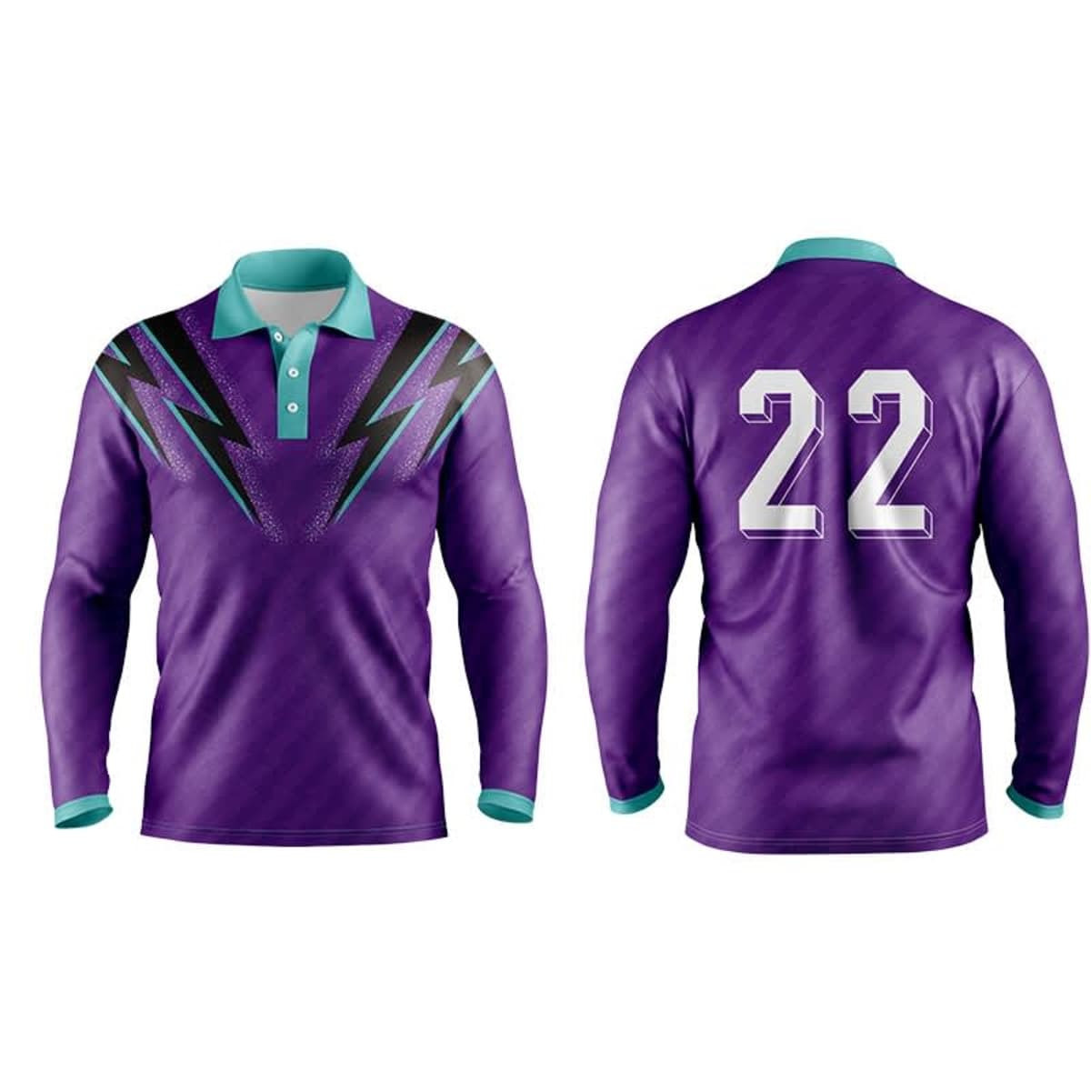A long sleeve polo shirt in purple with a turquoise collar and a logo featuring lightning stripes, plus the number 22 on the back.