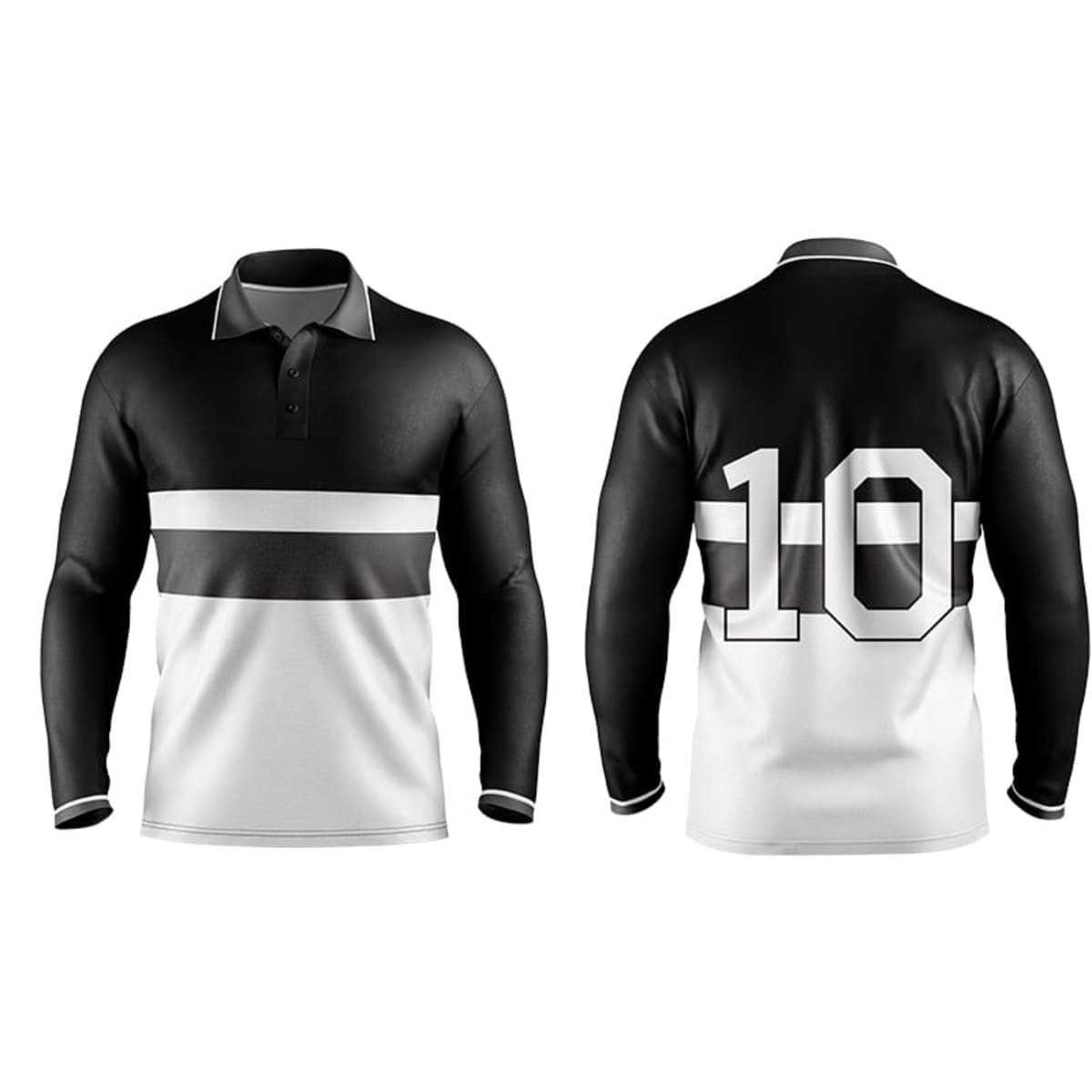 A long sleeve polo shirt featuring black and white horizontal stripes and a number 10 on the back. It has a logo on the chest.