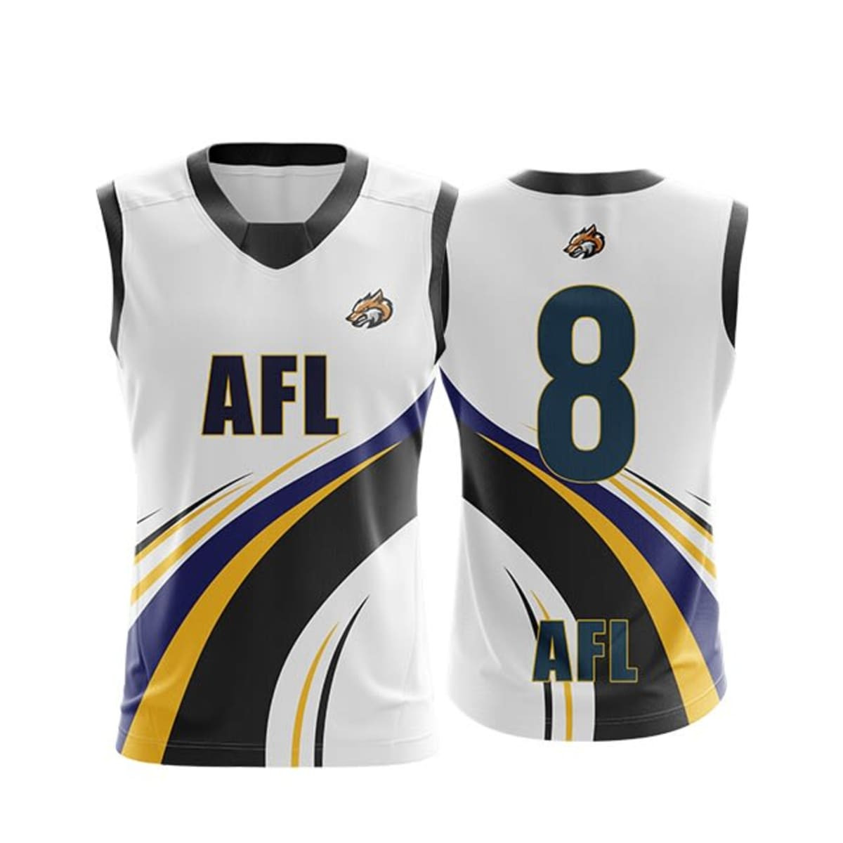AFL jersey in white, featuring black and gold stripes, with a logo and number 8 on the back.