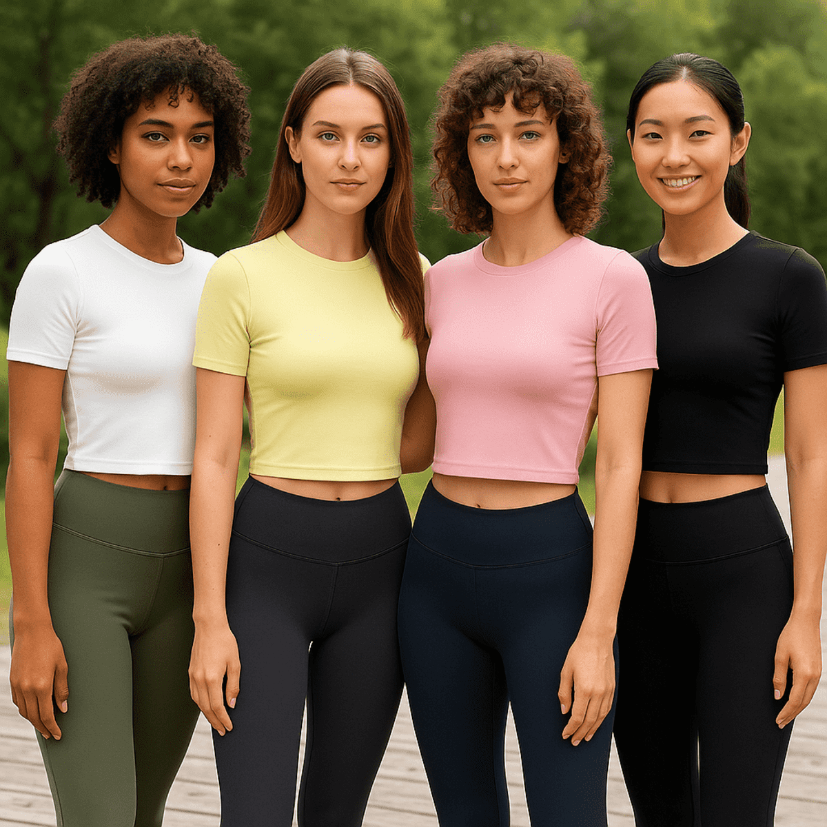 A group of four women wearing short sleeve yoga tops in white, yellow, pink, and black, paired with black leggings.