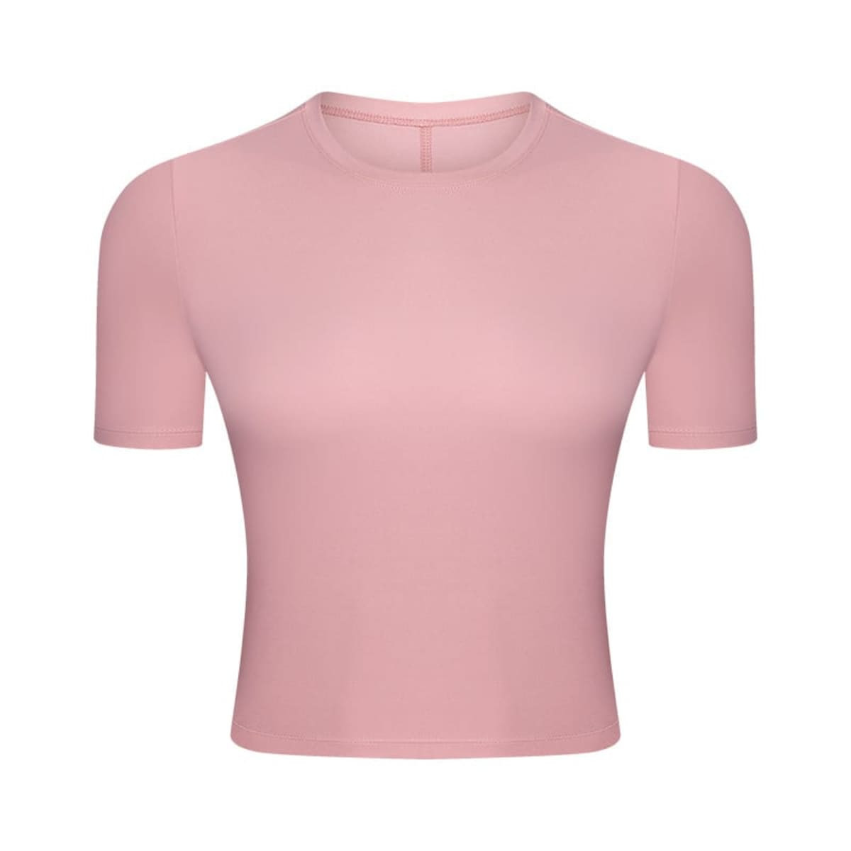 A short sleeve yoga top in a soft pink shade with a fitted design and no visible branding.