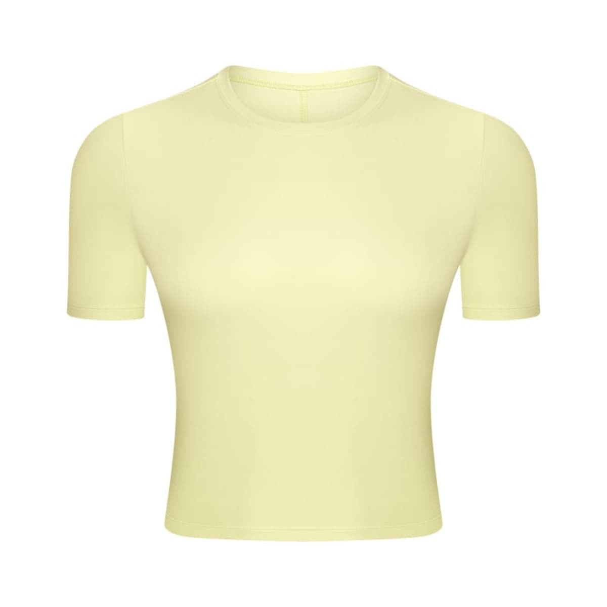 A short sleeve top in a soft yellow colour with a fitted design and a logo on the front.