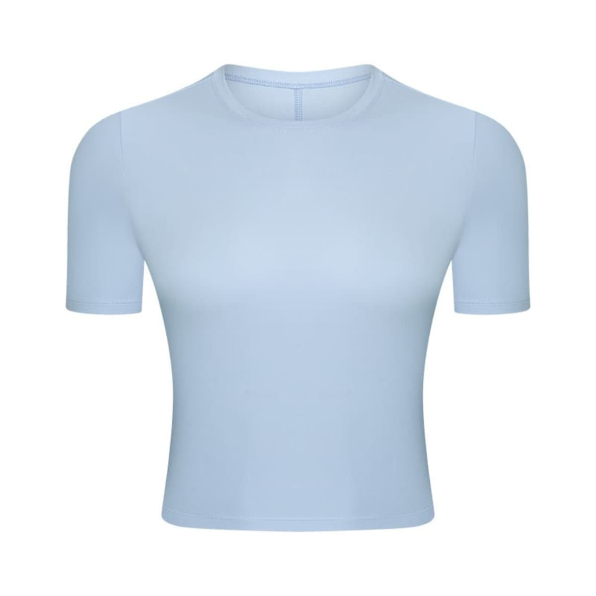 A light blue short sleeve yoga top featuring a fitted design and a logo.