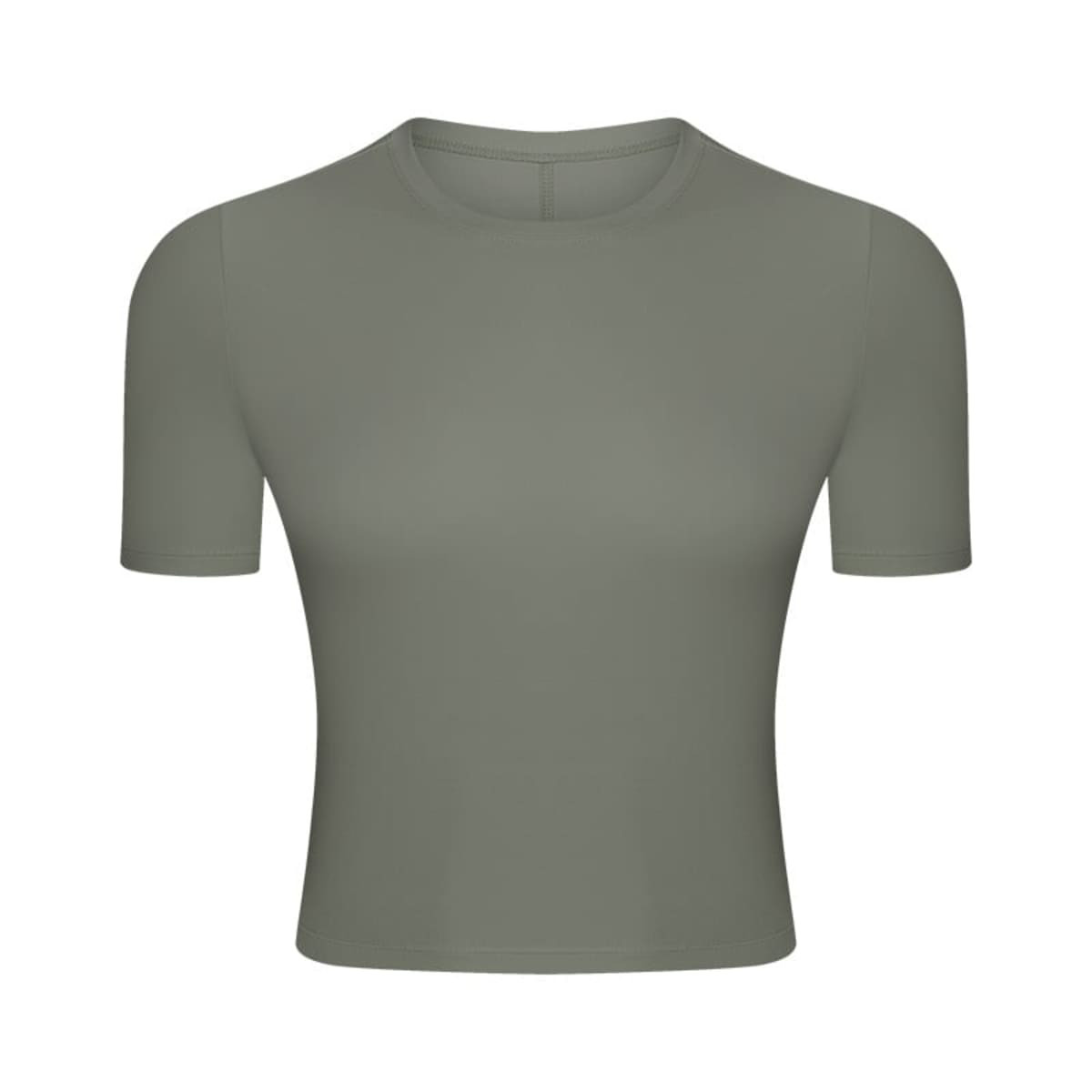 A short sleeve yoga top in a soft green colour featuring a simple design and a logo on the front.