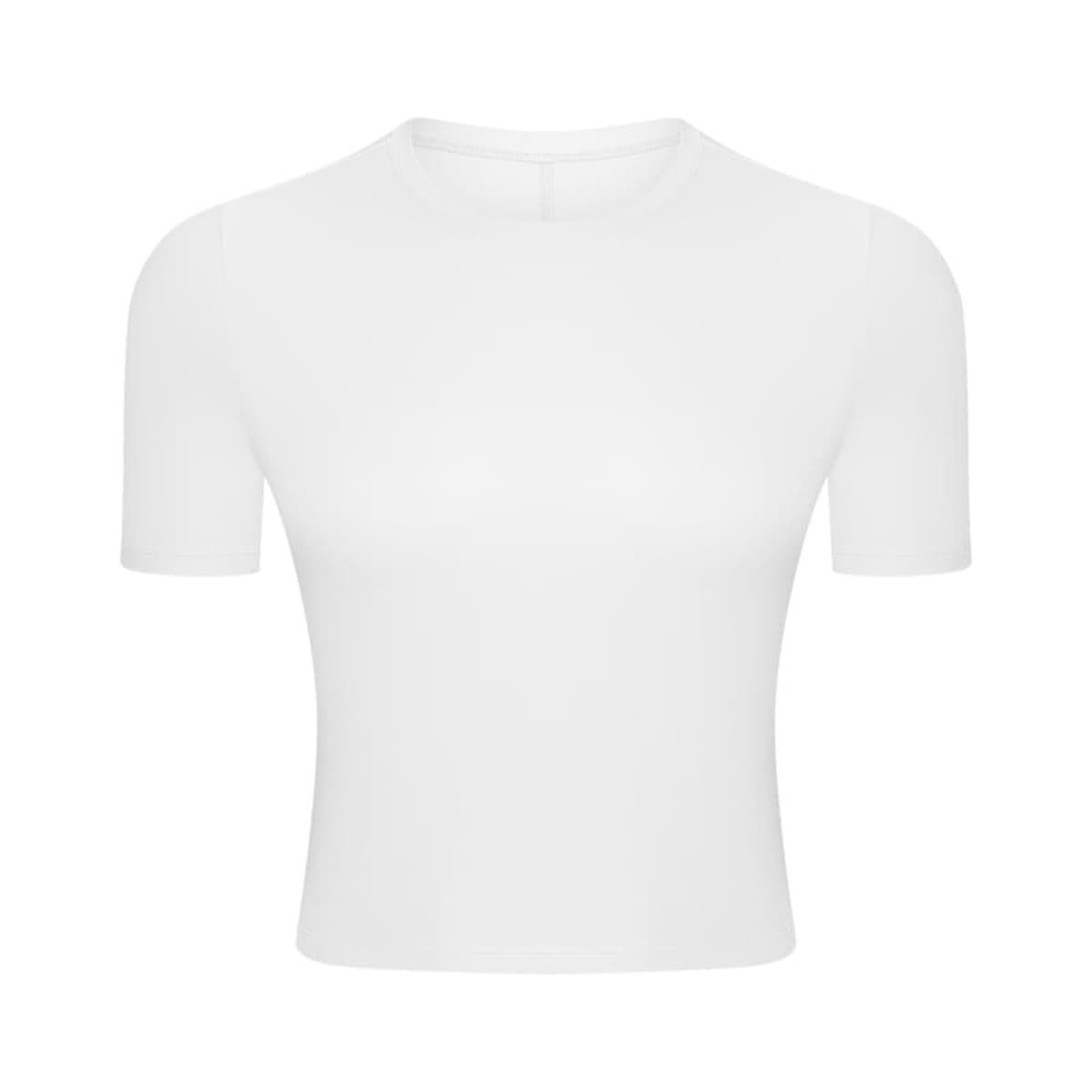 A white short sleeve yoga top with a fitted design and a simple structure. Features a logo on the garment.
