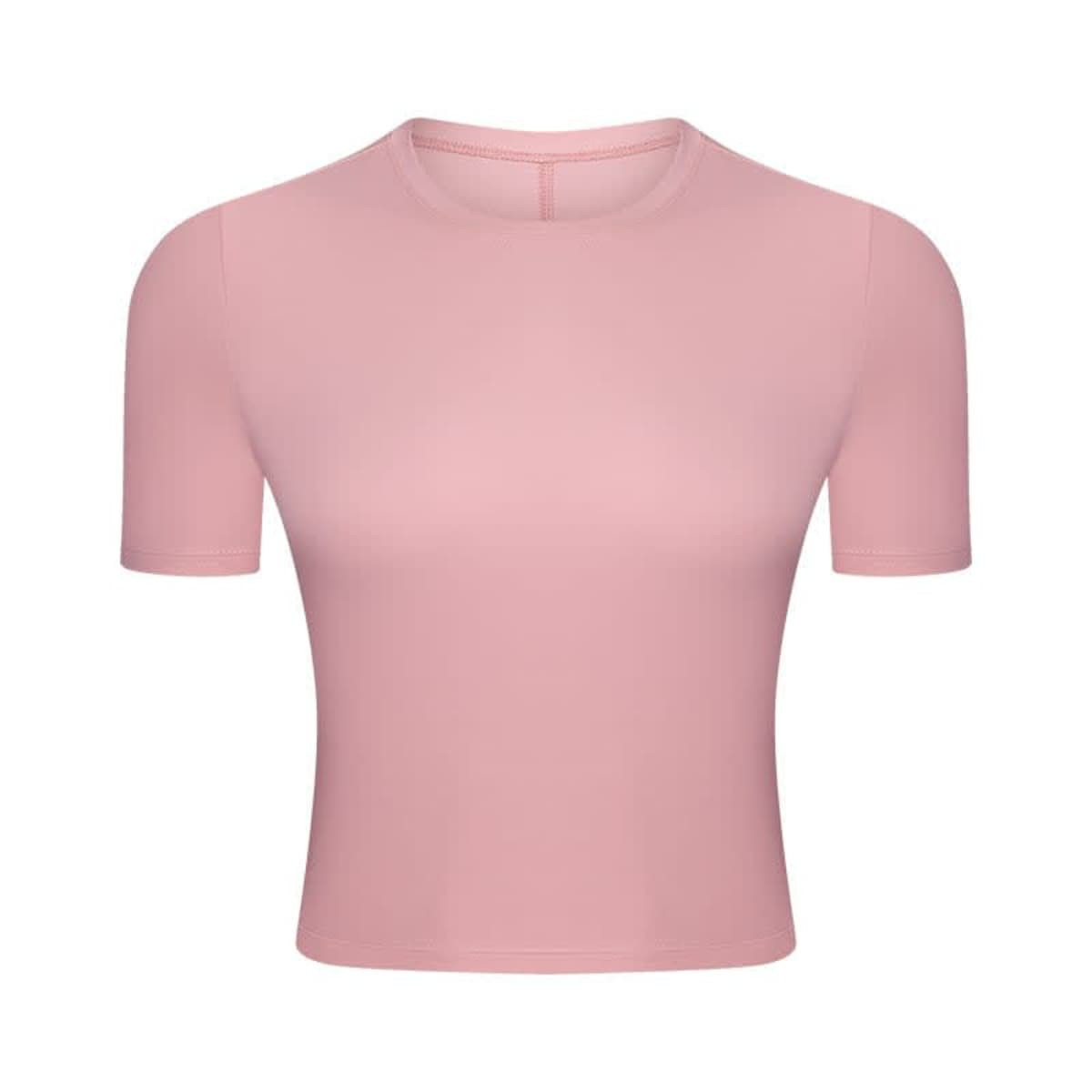 A pink short sleeve yoga top with a fitted design and a logo on the front.
