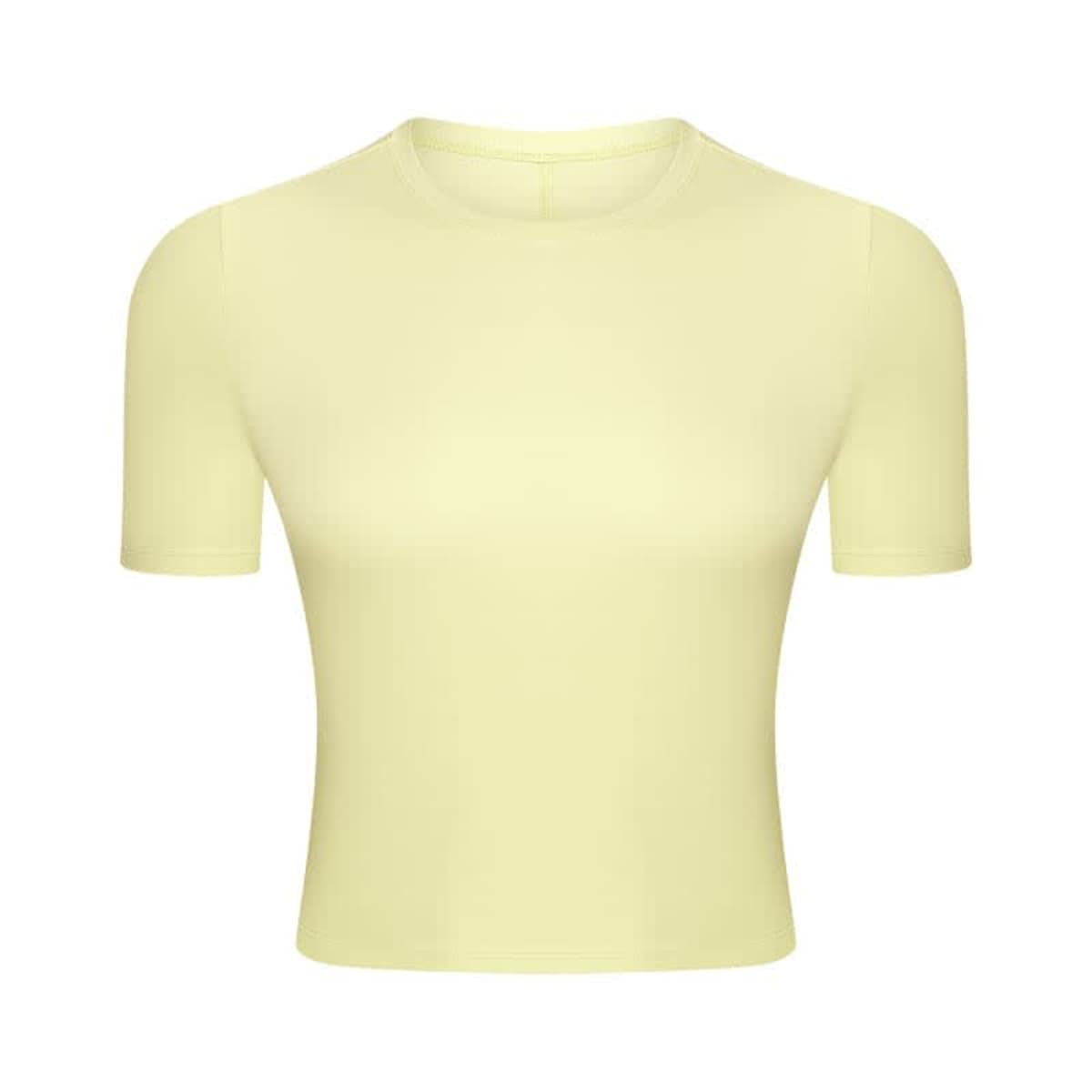 A short sleeve yoga top in a pale yellow shade, featuring a simple design and a logo.