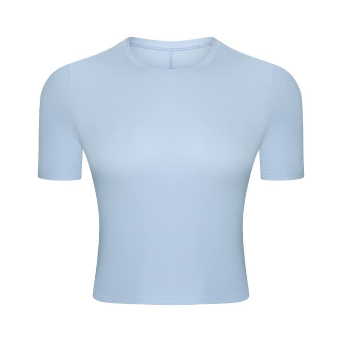 A light blue short sleeve yoga top with a fitted design and a simple crew neckline. Features a logo.