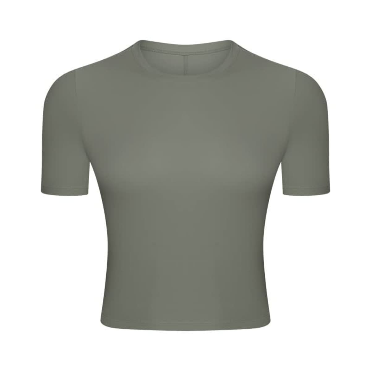 A short sleeve yoga top in a muted green shade with a fitted design and no visible logos.