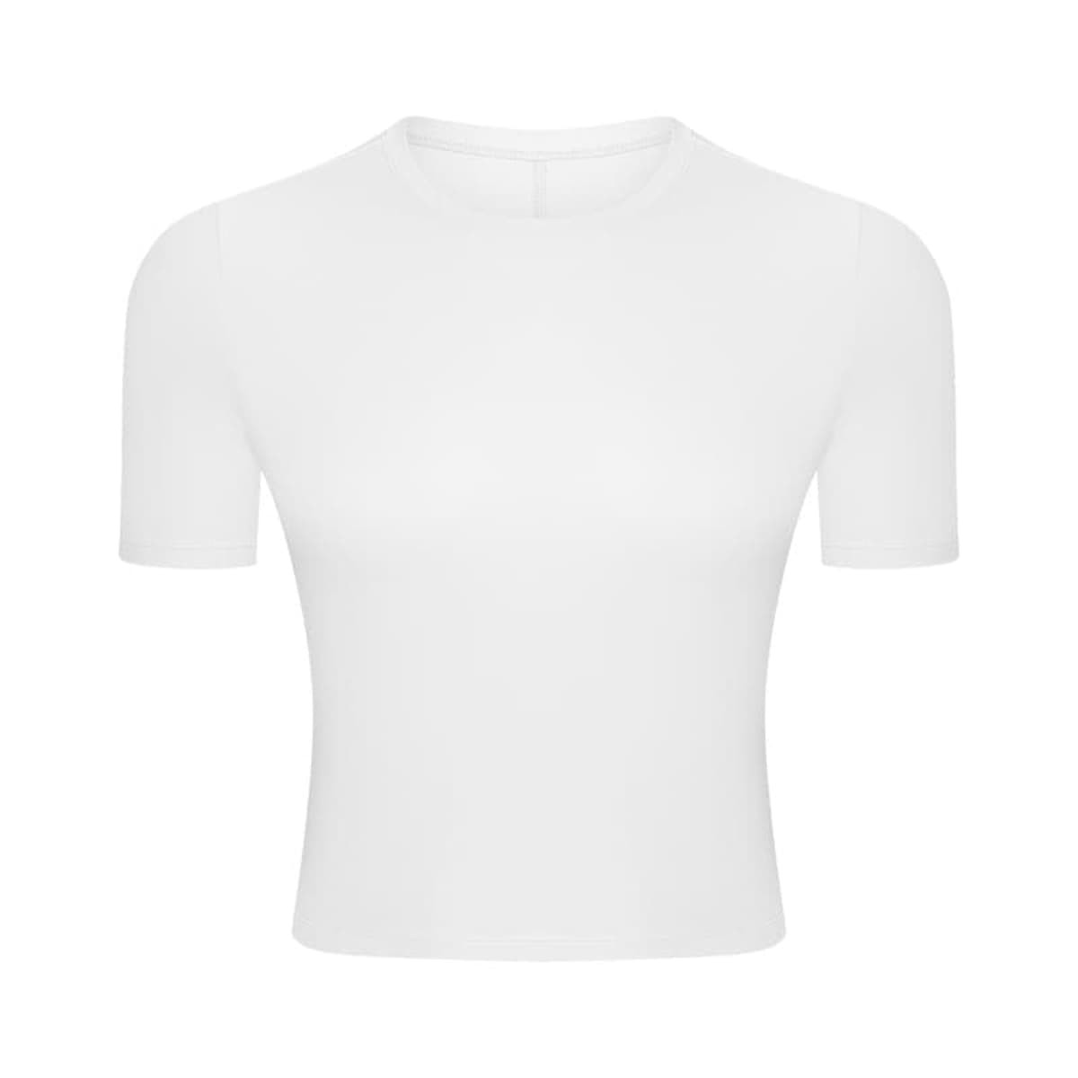 A short sleeve white yoga top with a fitted design, featuring a seamless finish and branding.