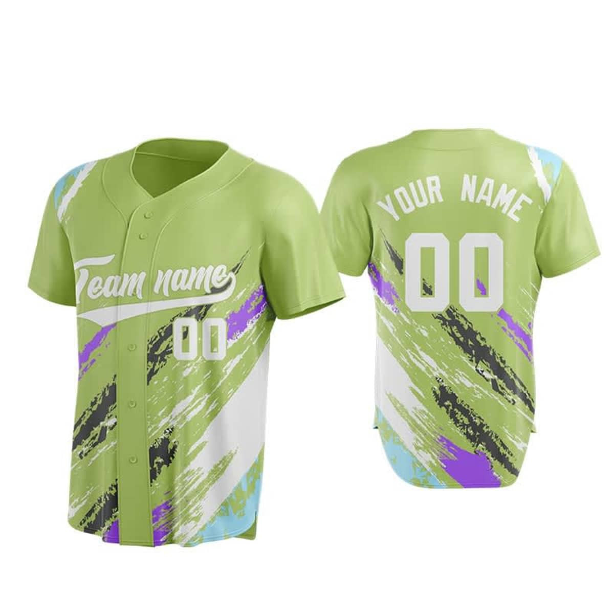 A green baseball jersey featuring a vibrant design with splashes of purple and blue, and a logo on the front.