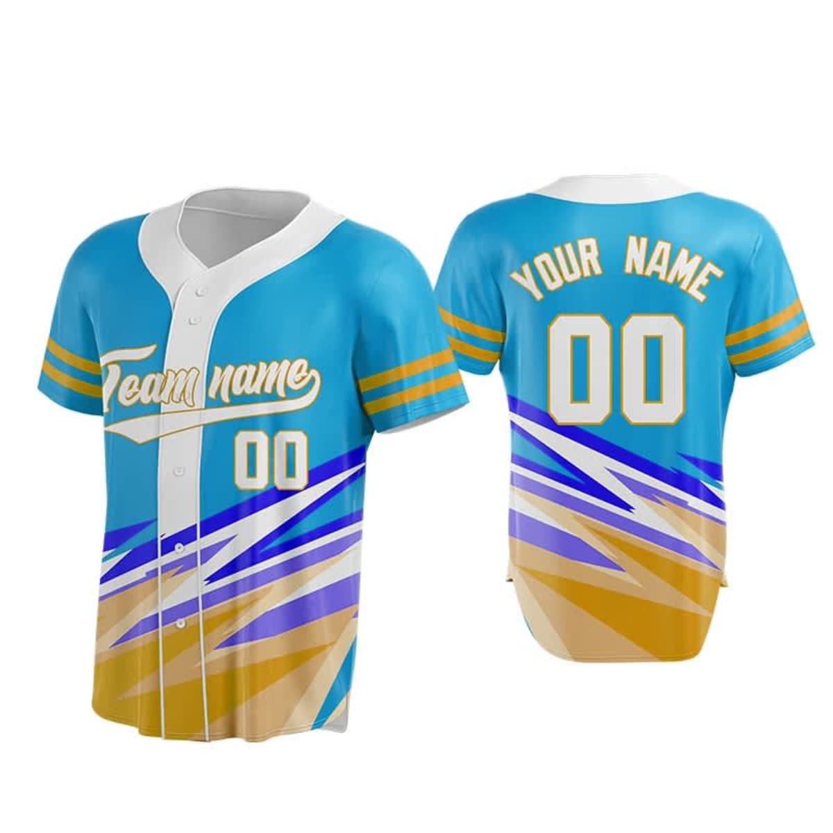 A vibrant blue baseball jersey featuring white buttons, yellow stripes, and a bold design. Includes a logo and space for a name.