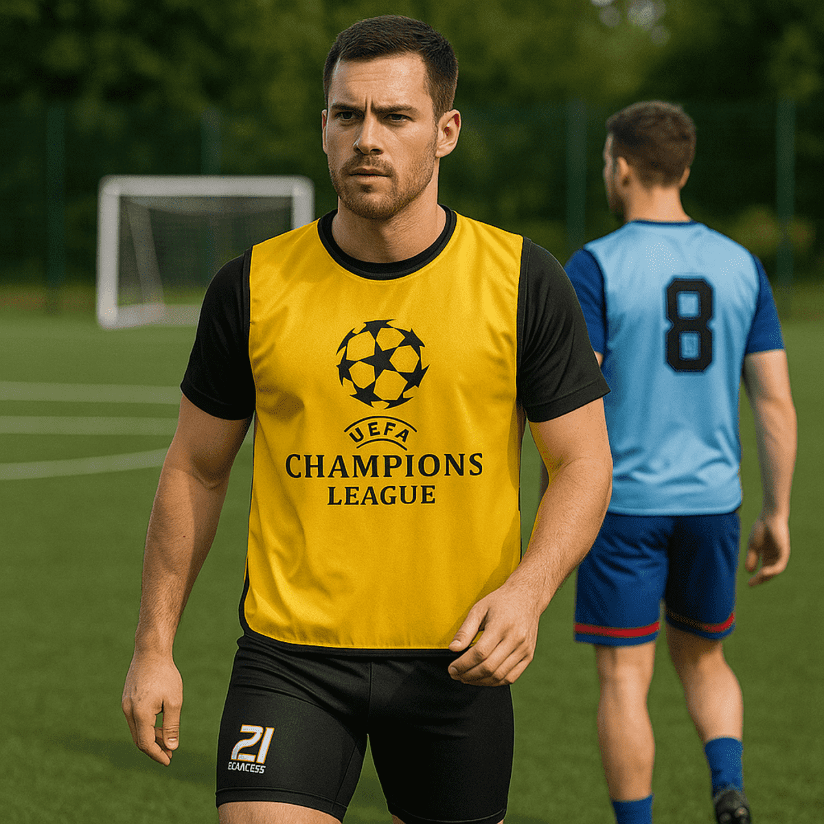 A yellow soccer vest is worn by a player, featuring a logo, on a green field with another player in the background.