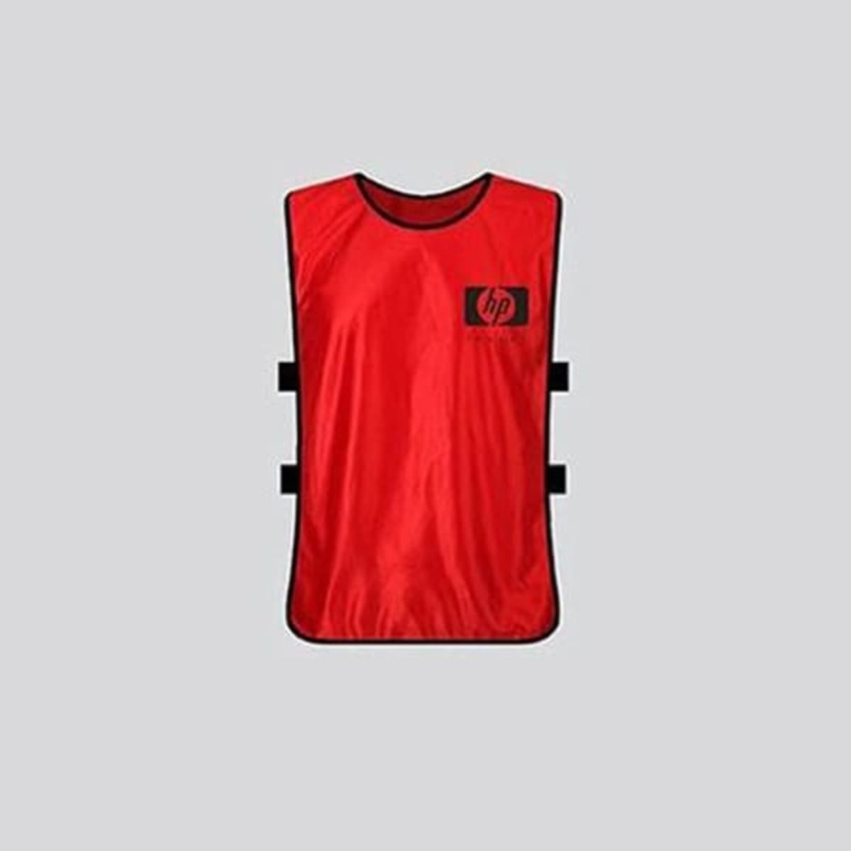 A red soccer vest designed for sports uniforms, featuring a logo and adjustable straps on the sides.