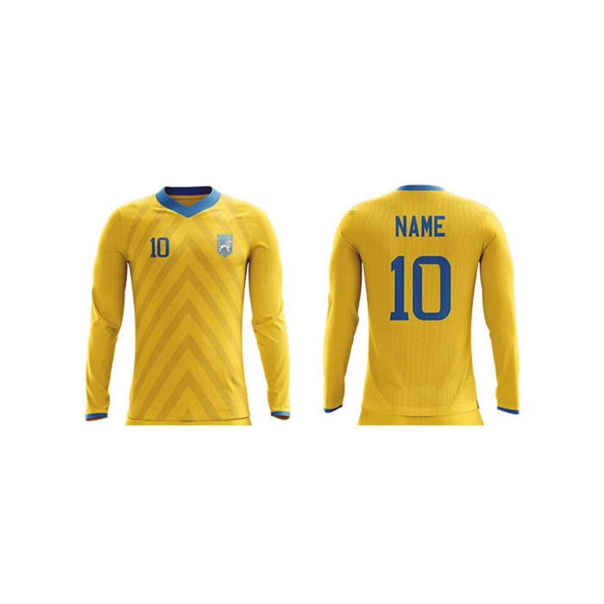 A long sleeve soccer jersey in yellow with blue accents and a logo. Features a chevron pattern and numbered design.