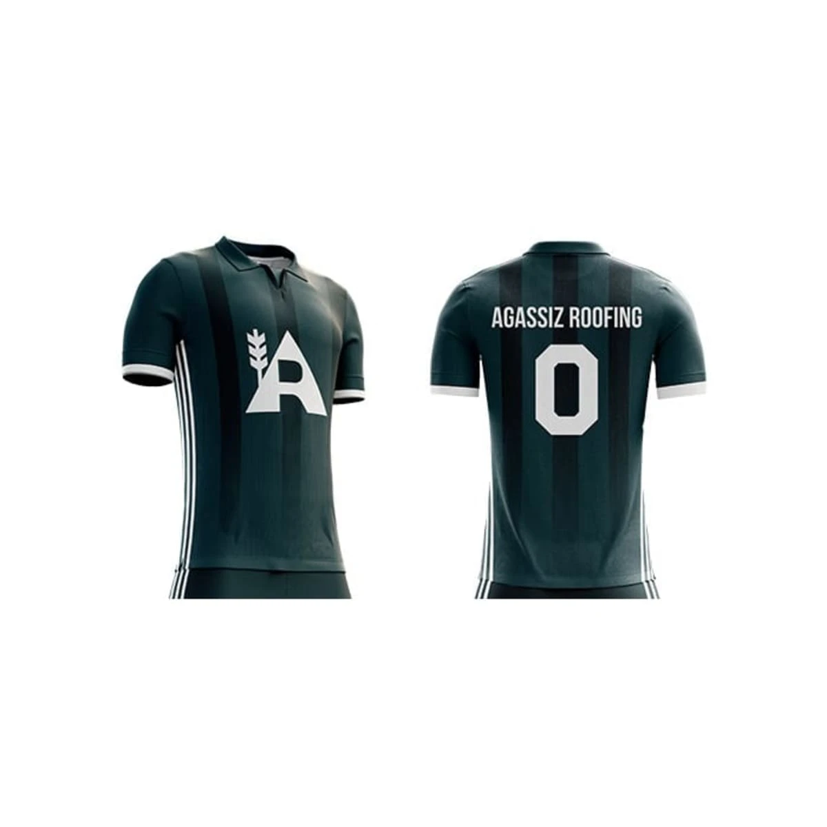 A dark green polo soccer jersey featuring a logo on the front and a name and number on the back.