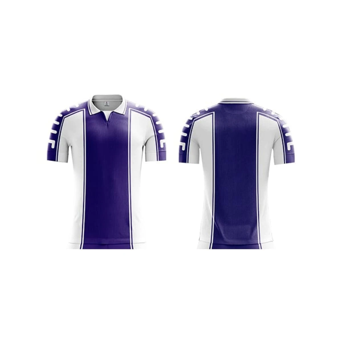 Polo soccer jersey in white and purple, featuring a logo and contrasting sleeve details on both front and back.