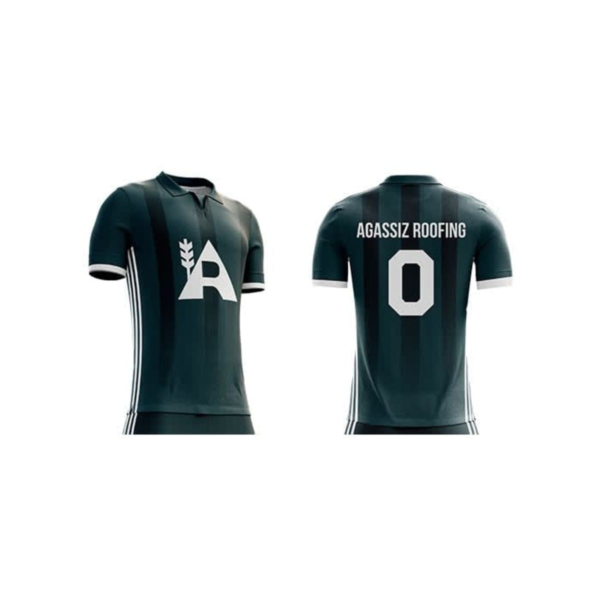 A dark green polo soccer jersey featuring a logo on the front and a name and number on the back.
