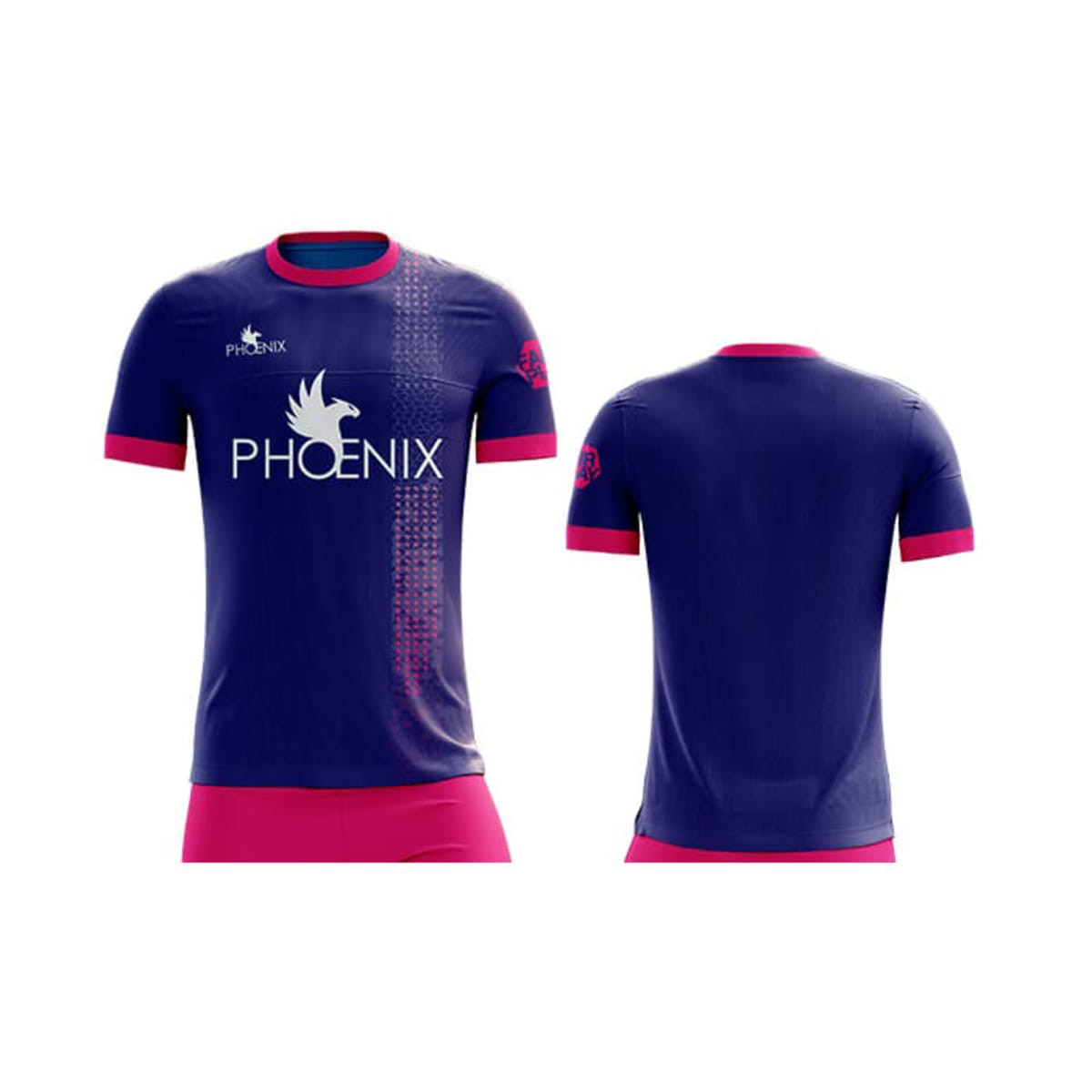 A sports jersey in navy blue with pink accents and a logo on the front, featuring short sleeves.