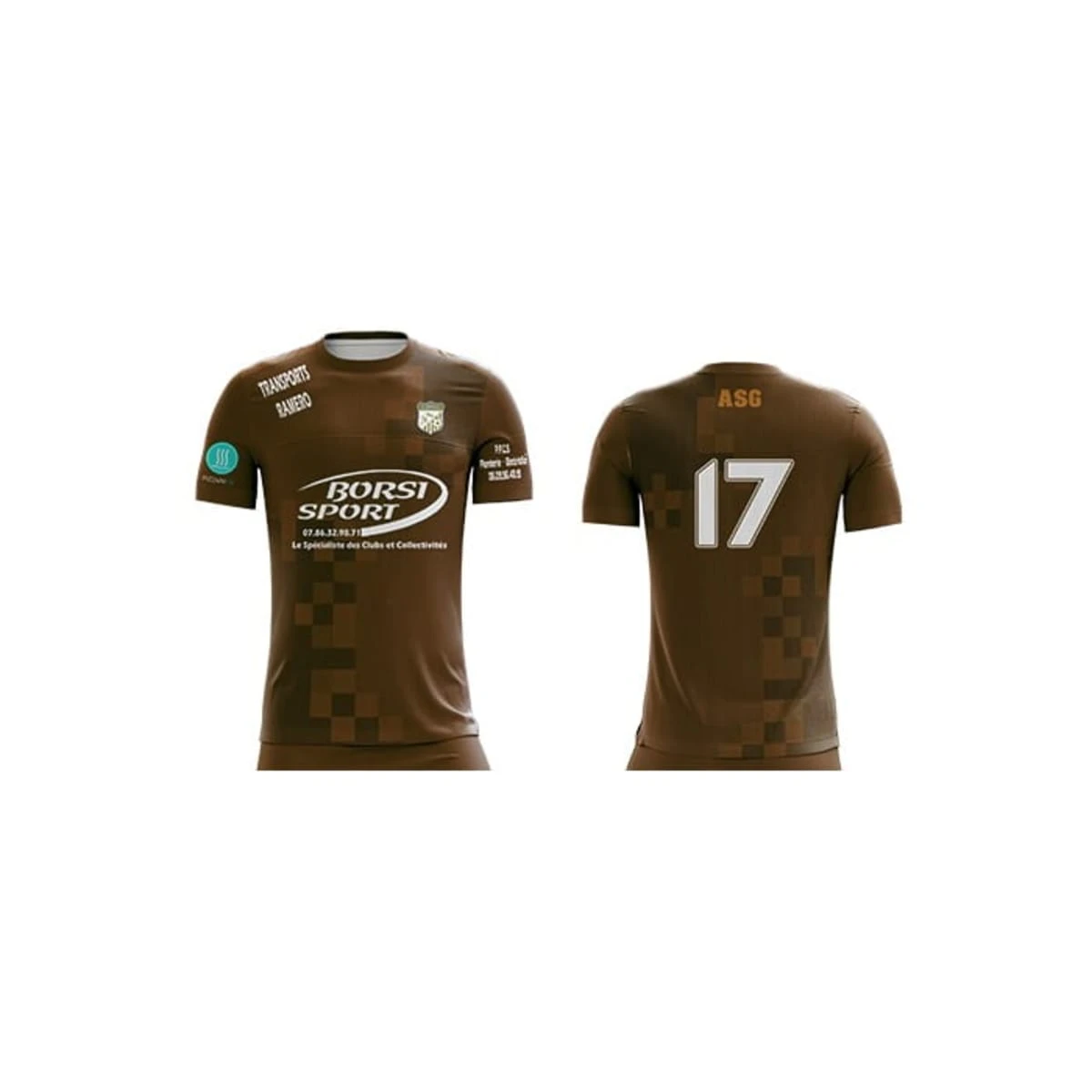 A brown soccer jersey featuring a logo on the front and the number 17 on the back, with a patterned design.