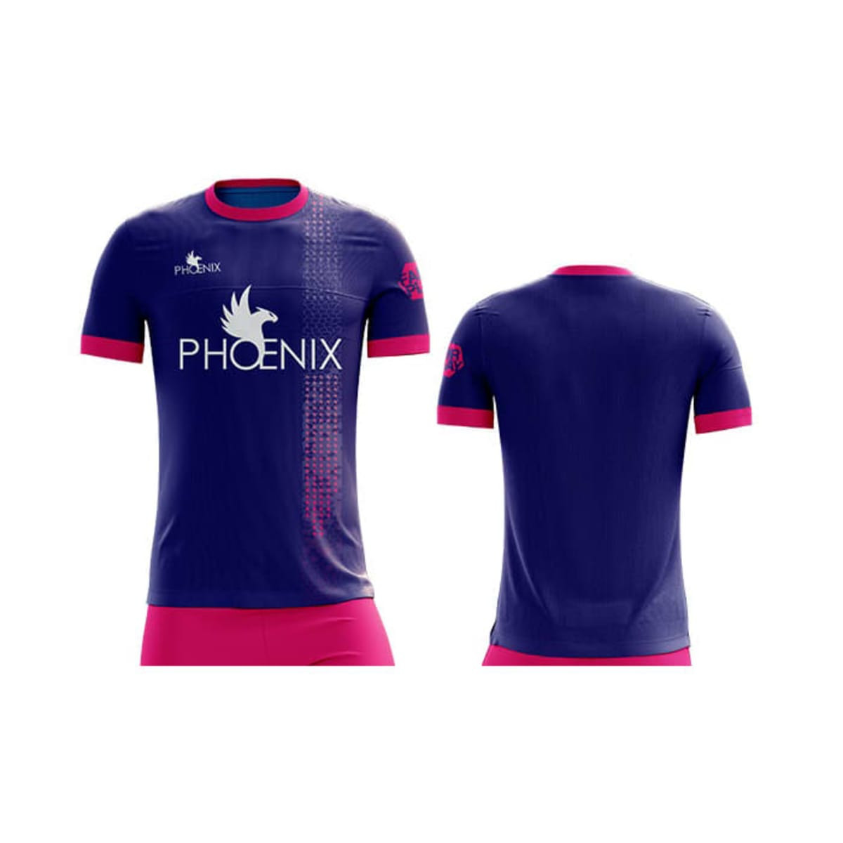 A soccer jersey in navy and pink with a logo and a sporty design. Features short sleeves and a modern fit.