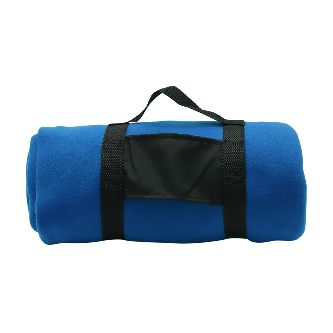 A rolled blue blanket secured with a black strap, featuring a small pocket on the side.