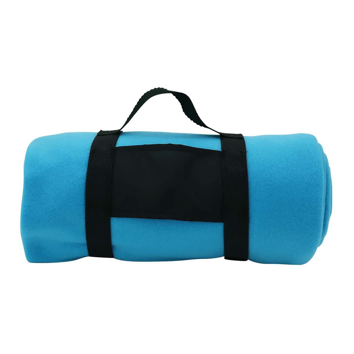 A blue rolled blanket with a black strap and handle, featuring a rectangular black section.