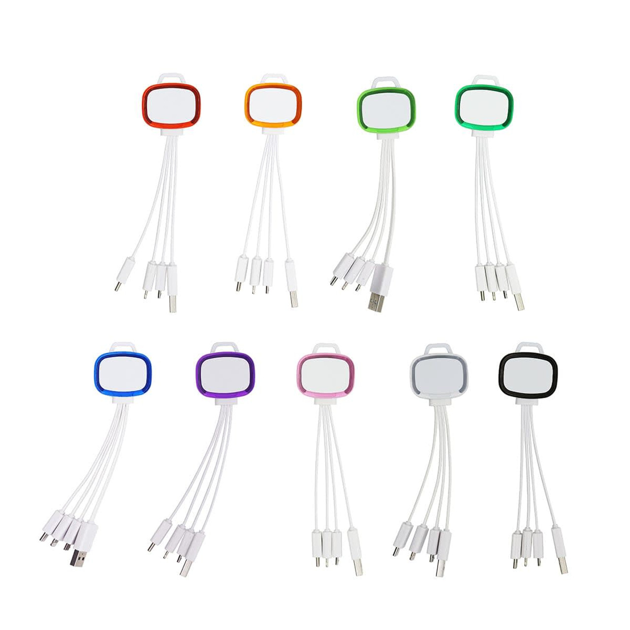 A set of multicoloured 4-in-1 charging cables, each with a different coloured connector and a logo on top.
