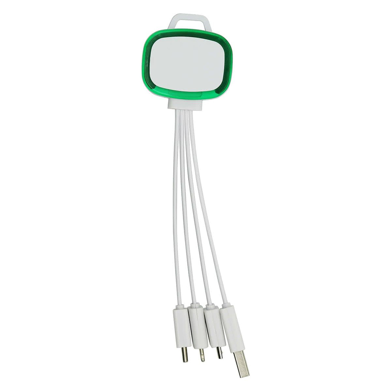 A green and white 4-in-1 charging cable with multiple connectors for various devices. It features a logo on the handle.