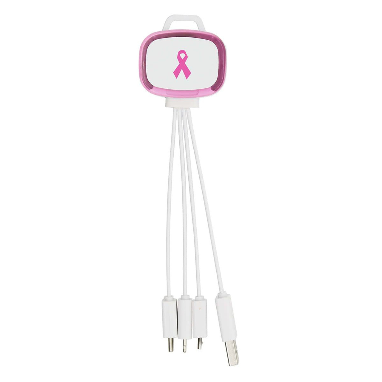A pink and white 4-in-1 charging cable with multiple connectors and a logo on the back.