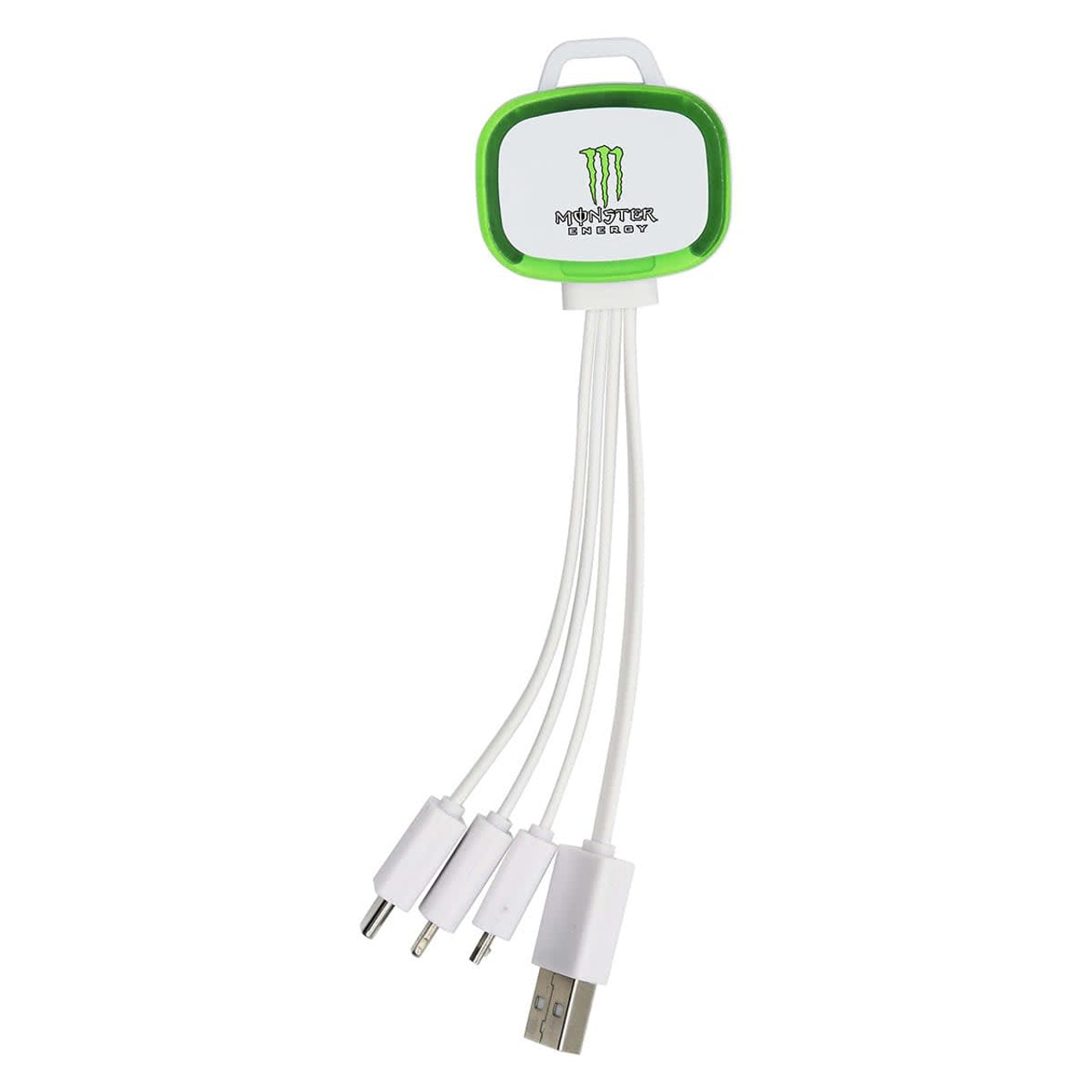 A green and white 4-in-1 charging cable with multiple connector tips and a branding logo.