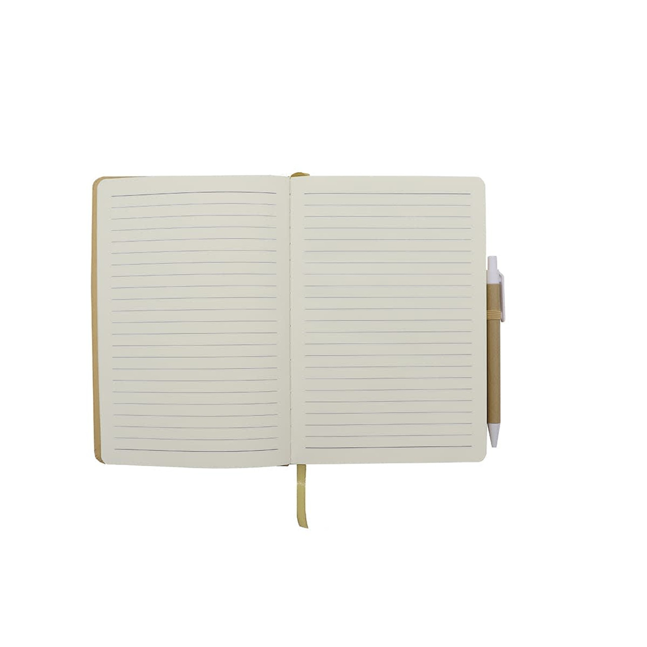 An A5 notebook with lined pages, a tan cover, and a matching pen. It has a ribbon bookmark and an elastic band.