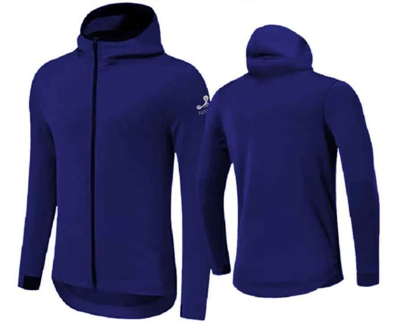 A navy blue hoodie with a zip front and high collar, featuring a logo on the sleeve.