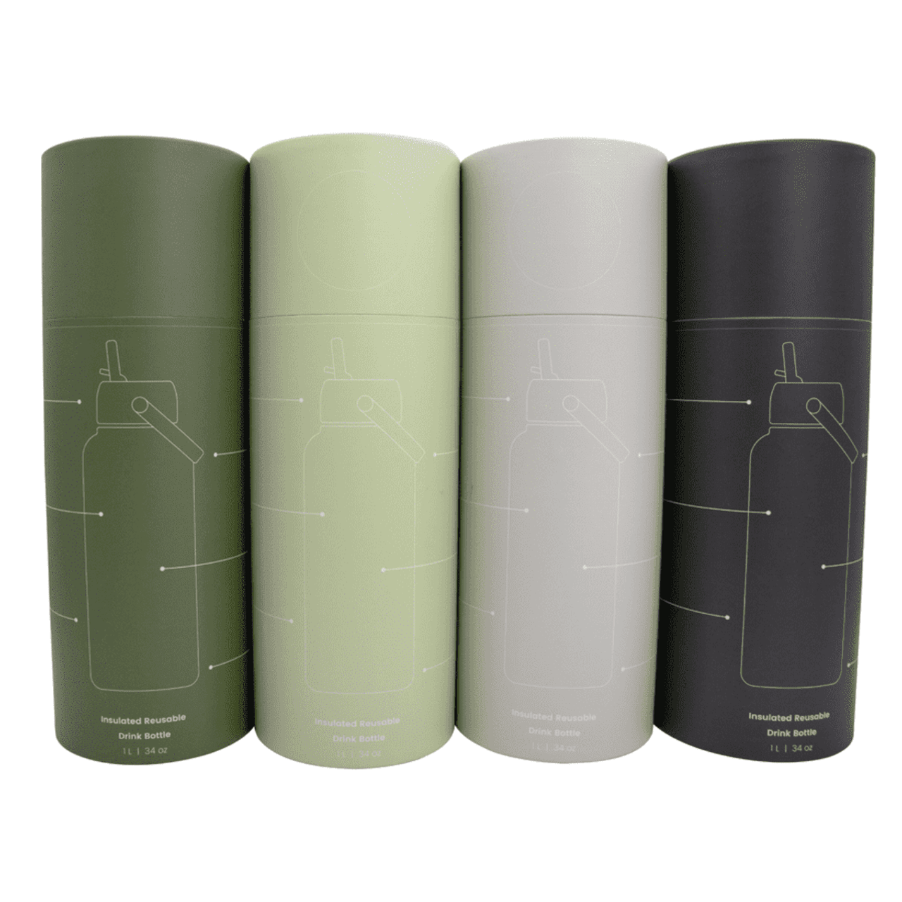 A drink bottle set featuring four colours: dark green, light green, grey, and black, with a sleek design and a logo.
