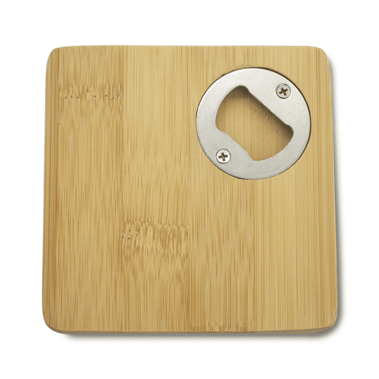 A square bamboo coaster featuring a circular bottle opener, showcasing natural wood texture.