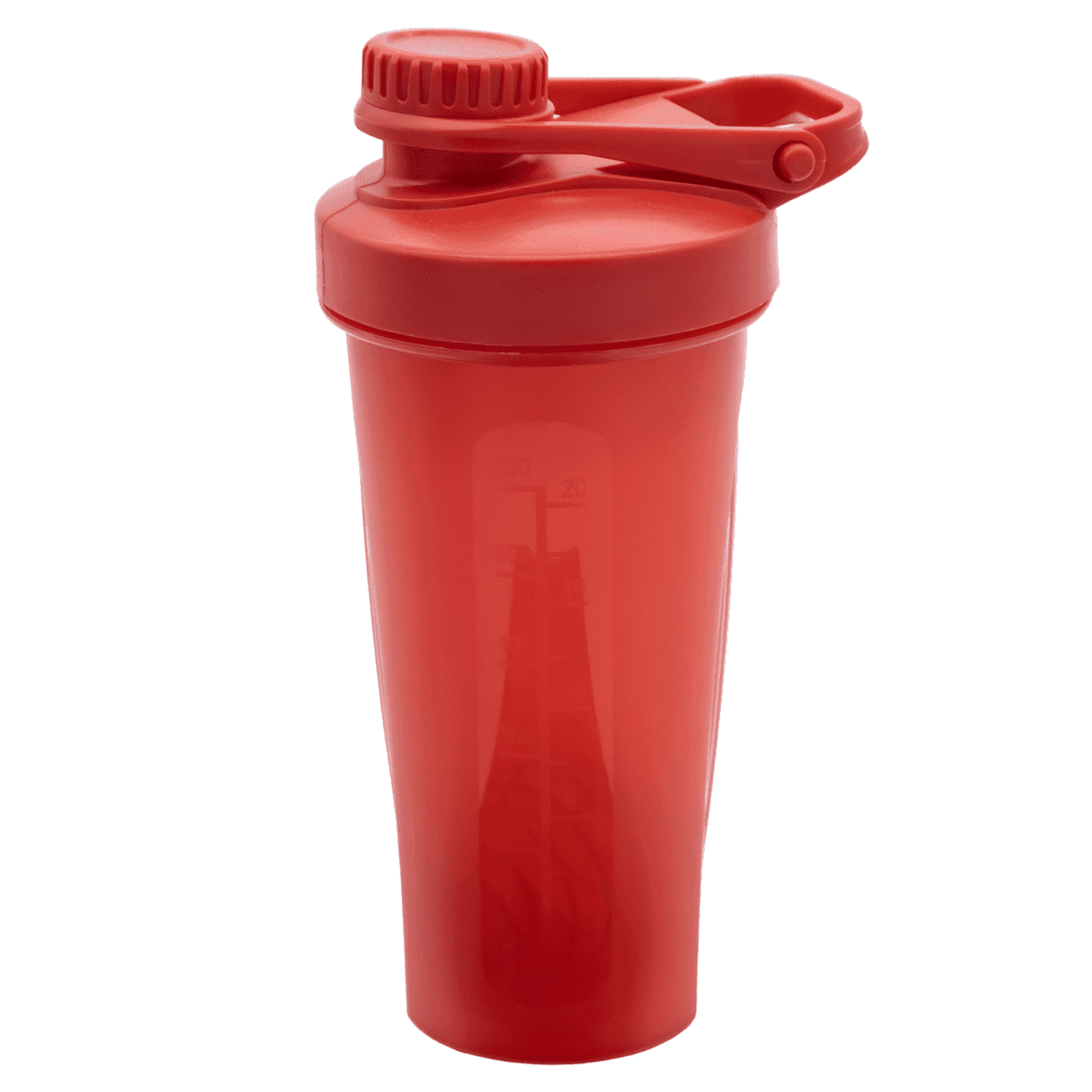 A drink bottle in vibrant red, featuring a secure lid and a built-in whisk ball, with a logo.