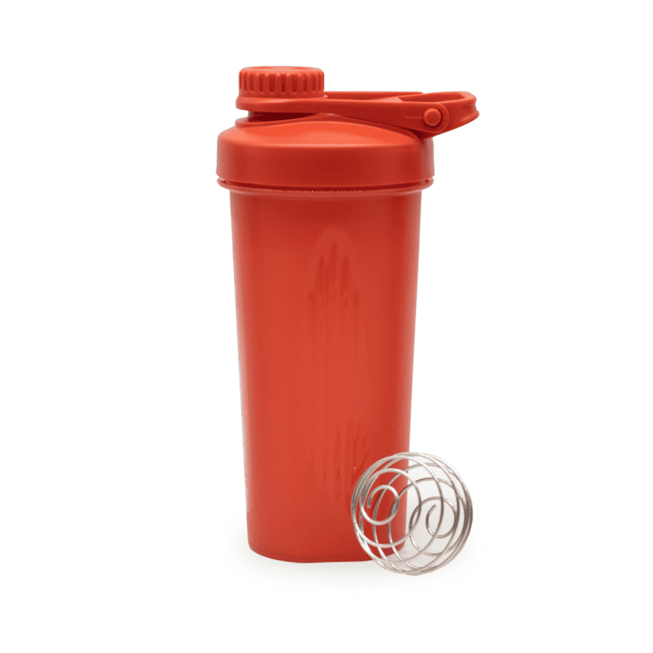 A drink bottle in bright red with a secure lid and a stainless steel mixing ball beside it. It features a logo.