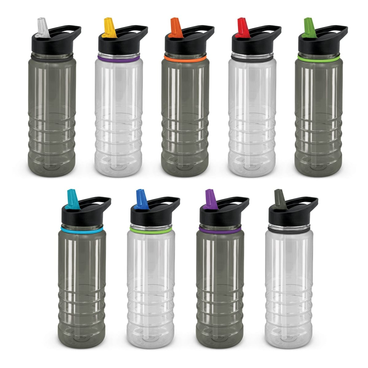 A drink bottle collection featuring clear and black designs, with various coloured lids, including teal, purple, orange, and red.