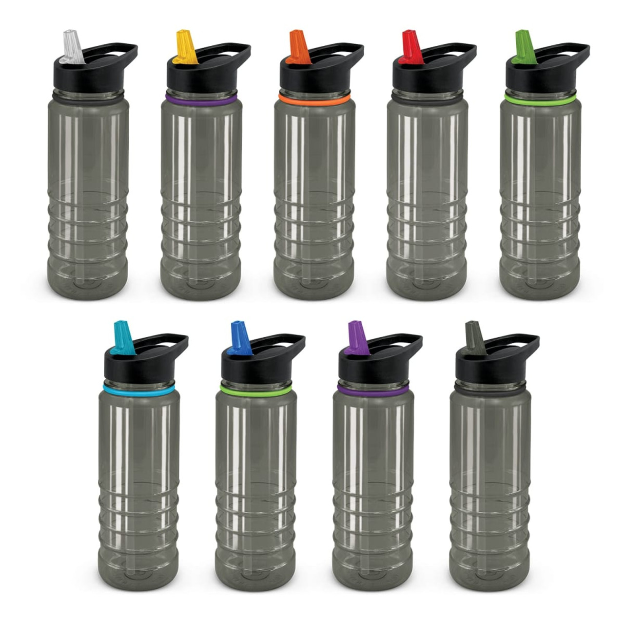 A drink bottle in clear with various coloured lids, featuring a black cap and a ridged body design.