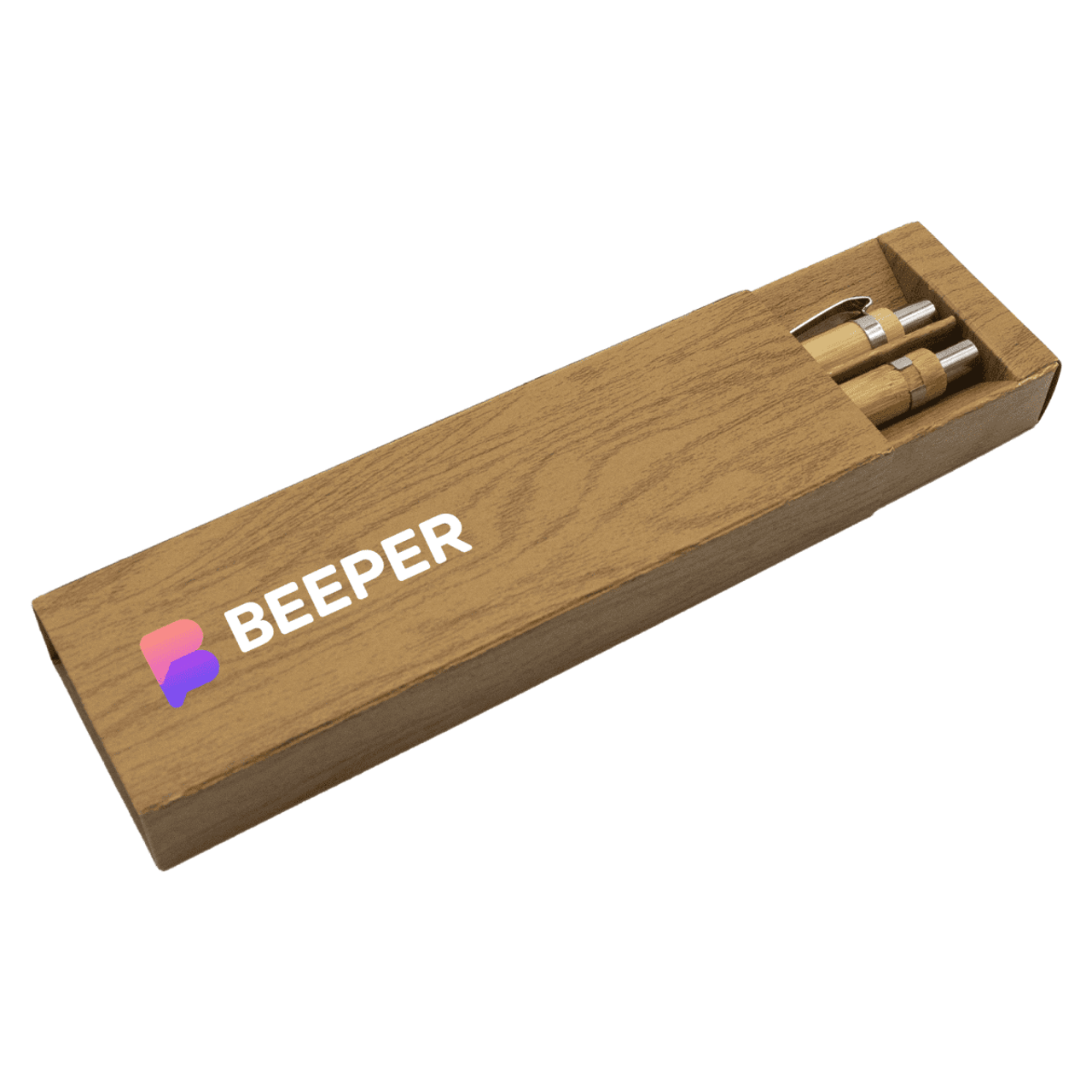 A bamboo pen set in a wooden box, featuring two pens and a logo on the box.