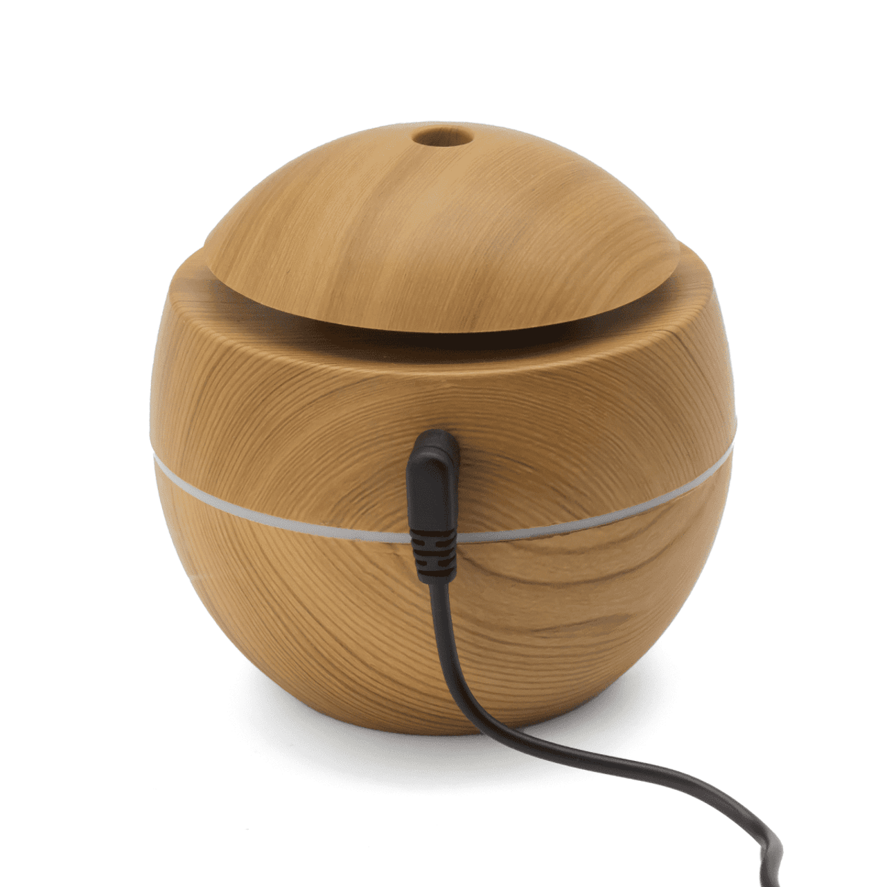 A wooden diffuser in a rounded shape with a cord, featuring a lid that resembles natural wood grain.