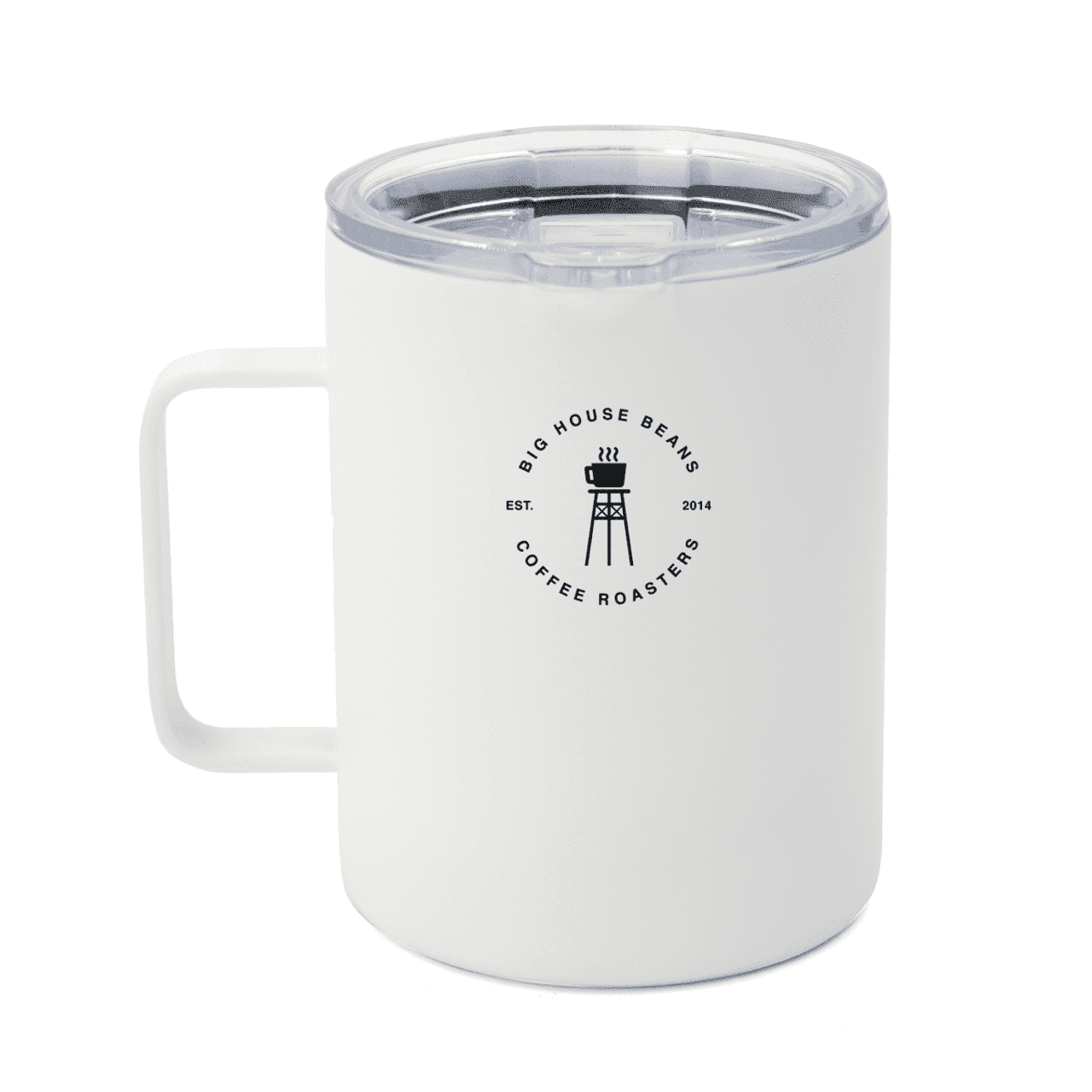 A white travel mug with a clear lid and a handle. Features a logo on the front. A white travel mug with a clear lid and a handle. Features a logo on the front.