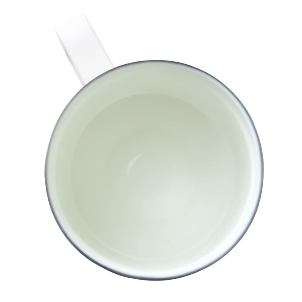 A drink mug with a light green interior and a white handle, featuring a simple design and rounded shape. A drink mug with a light green interior and a white handle, featuring a simple design and rounded shape.