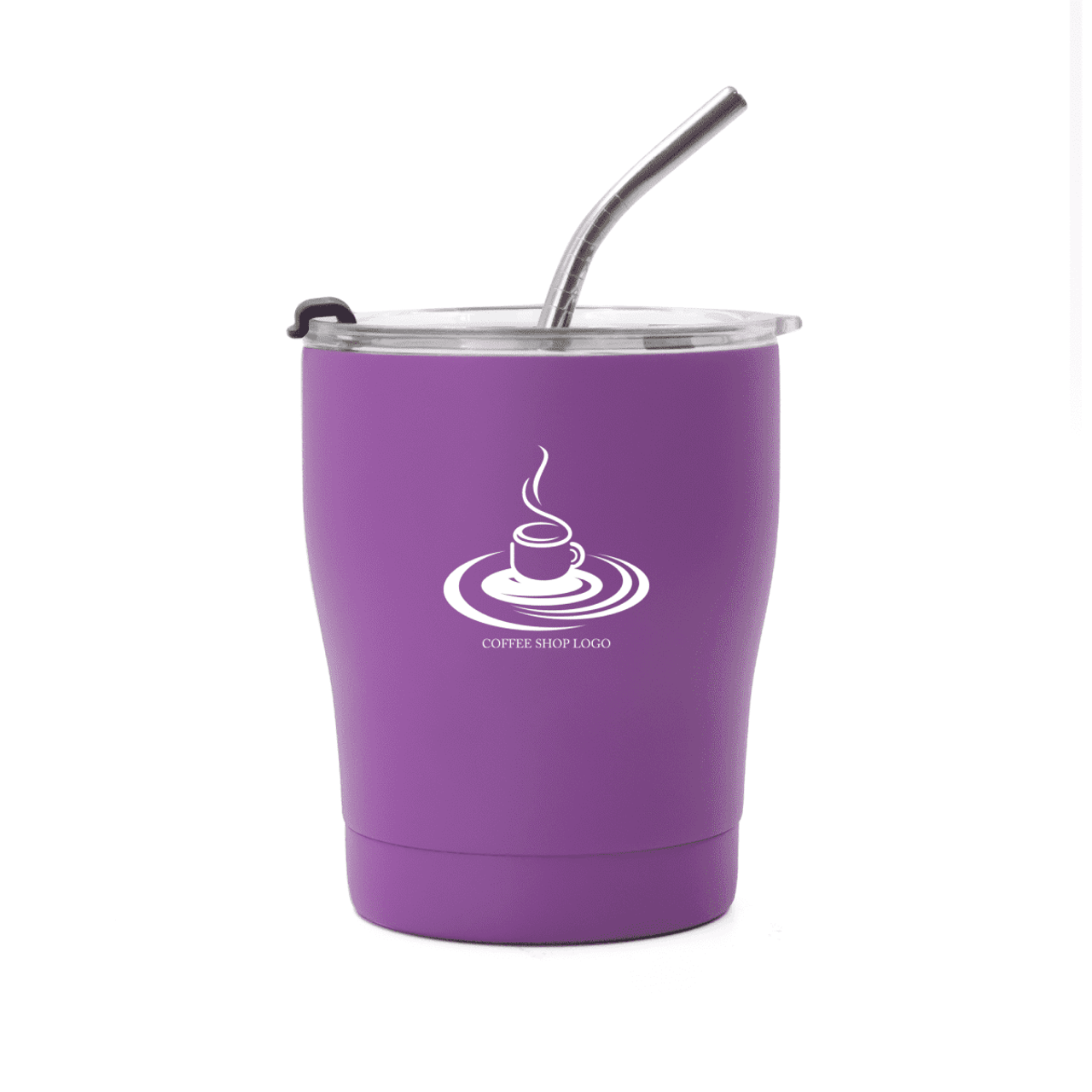 A drink bottle in purple with a stainless steel straw and a transparent lid, featuring a logo on the side.