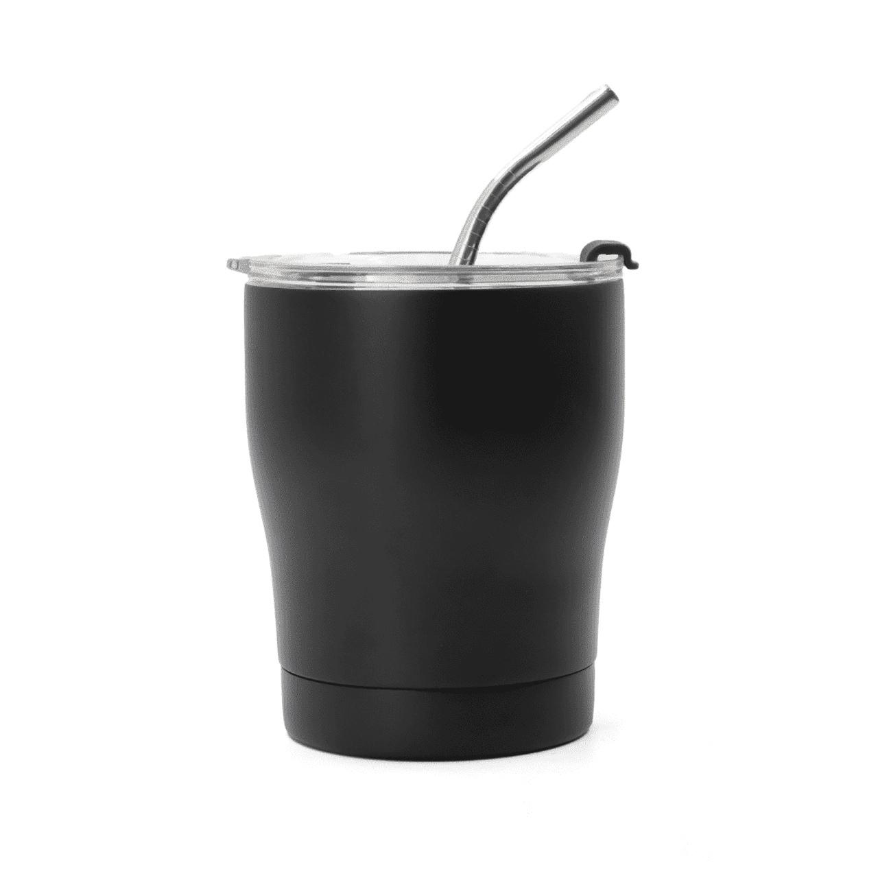 A drink bottle in matte black with a clear lid and metal straw, featuring a branding logo.