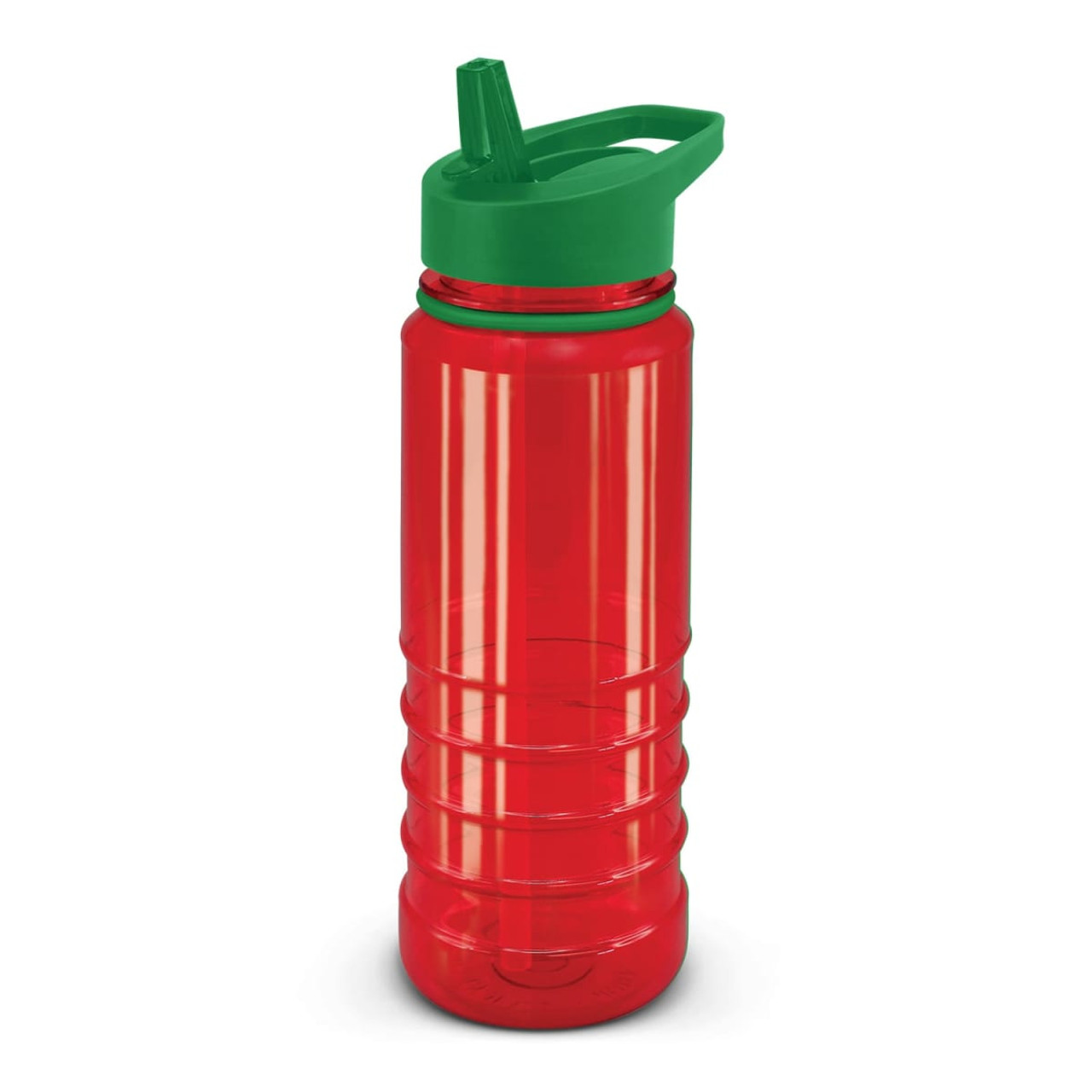 A drink bottle in red with a green cap and spout, featuring a textured grip design and a logo.