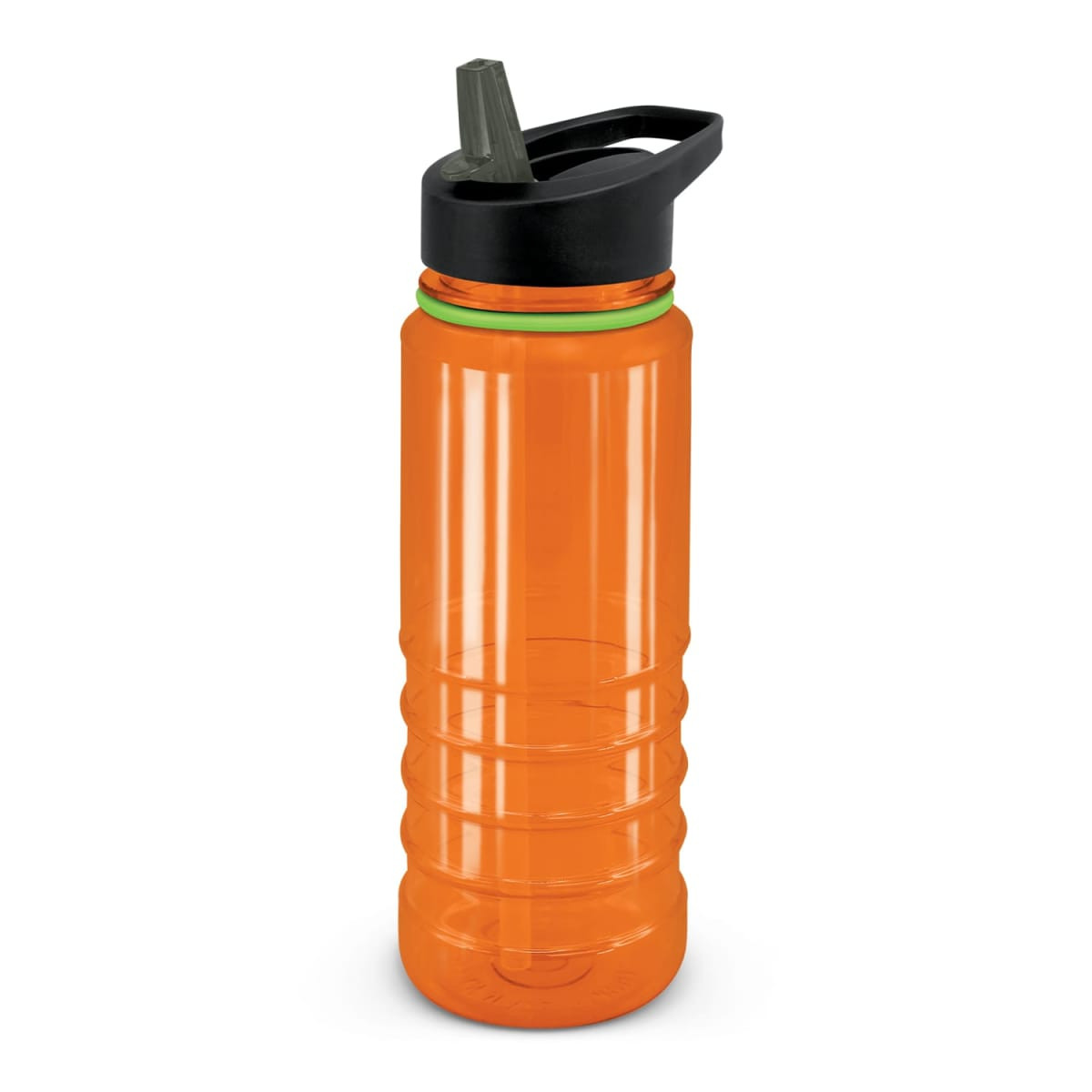 A drink bottle in vibrant orange with a black cap and green accent, featuring a textured grip design.