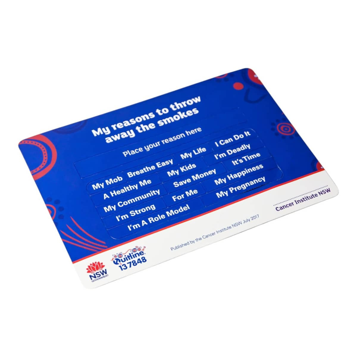 A rectangular card featuring a blue background with various reasons to quit smoking listed. It includes a logo.